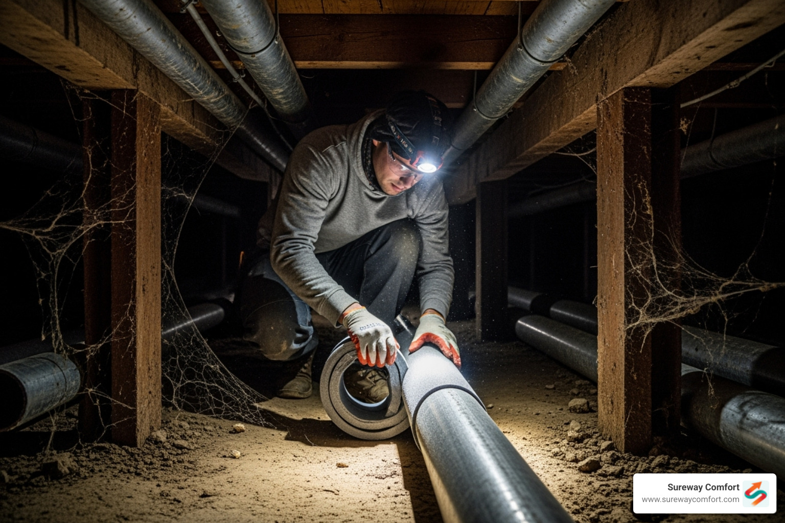 foam insulation being wrapped around a pipe in a crawlspace - Frozen drain line foam insulation being wrapped around a pipe in a crawlspace - Frozen drain line