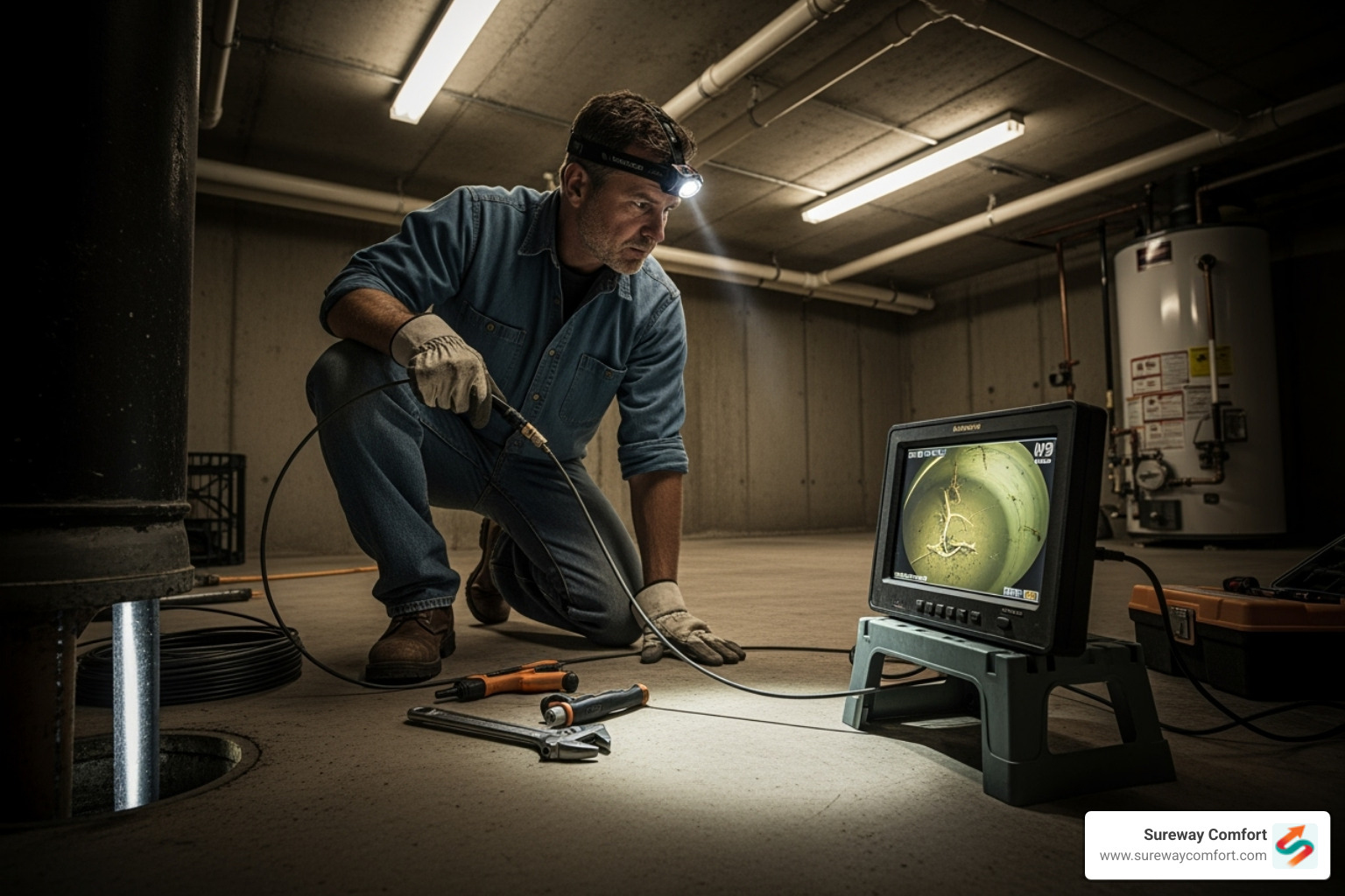 plumber performing video inspection of a drain line - Frozen drain line plumber performing video inspection of a drain line - Frozen drain line