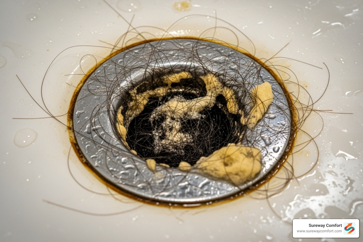 Clogged bathroom drain with hair and soap - drain odor removal Clogged bathroom drain with hair and soap - drain odor removal