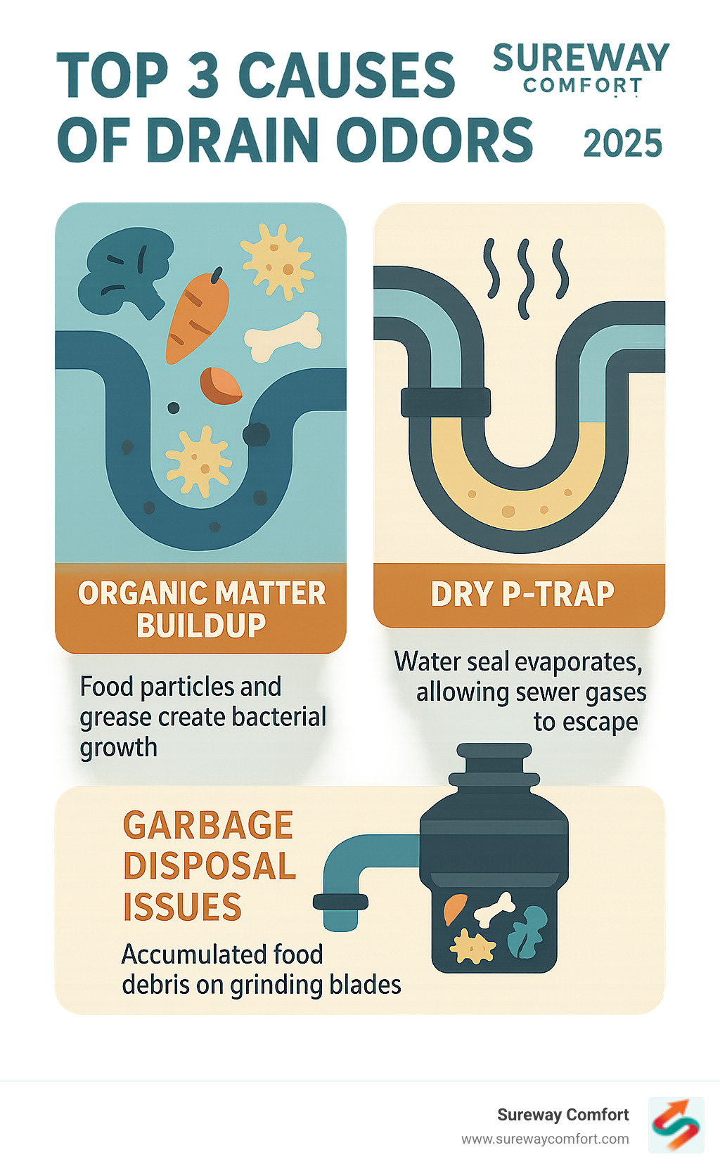 Comprehensive infographic showing the top 3 causes of drain odors: organic matter buildup from food particles and grease creating bacterial growth, dry P-traps allowing sewer gases to escape when water seals evaporate, and garbage disposal issues from accumulated food debris on grinding blades - drain odor removal infographic Comprehensive infographic showing the top 3 causes of drain odors: organic matter buildup from food particles and grease creating bacterial growth, dry P-traps allowing sewer gases to escape when water seals evaporate, and garbage disposal issues from accumulated food debris on grinding blades - drain odor removal infographic