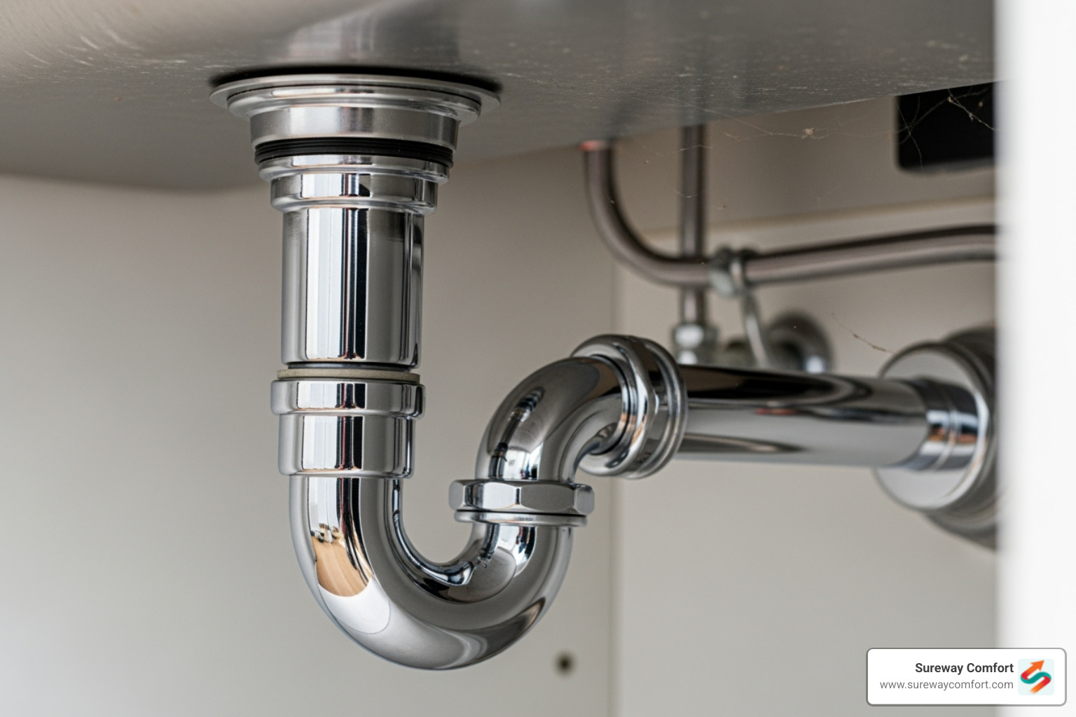 Underside of a sink showing the P-trap - drain odor removal Underside of a sink showing the P-trap - drain odor removal