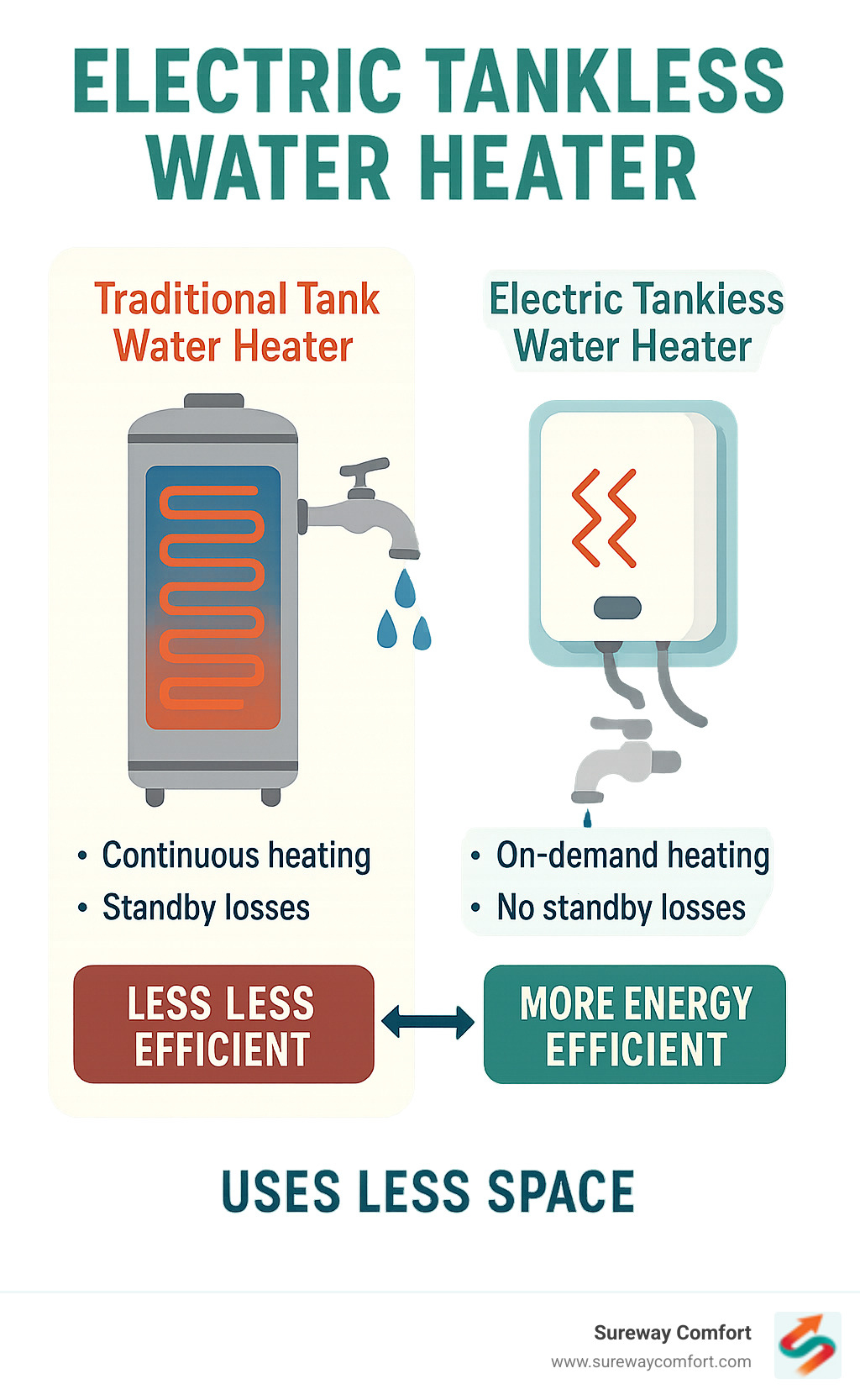 Infographic comparing traditional tank water heater operation with continuous heating and standby losses versus electric tankless water heater operation with on-demand heating only when hot water tap is turned on, showing energy efficiency differences and space requirements - electric tankless water heater infographic Infographic comparing traditional tank water heater operation with continuous heating and standby losses versus electric tankless water heater operation with on-demand heating only when hot water tap is turned on, showing energy efficiency differences and space requirements - electric tankless water heater infographic