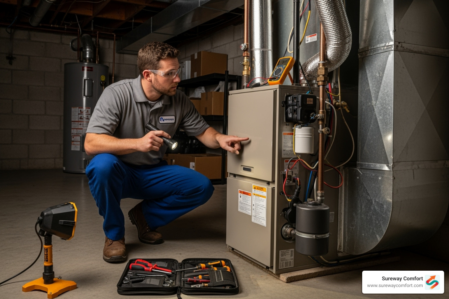 professional HVAC technician inspecting a furnace - furnace not heating