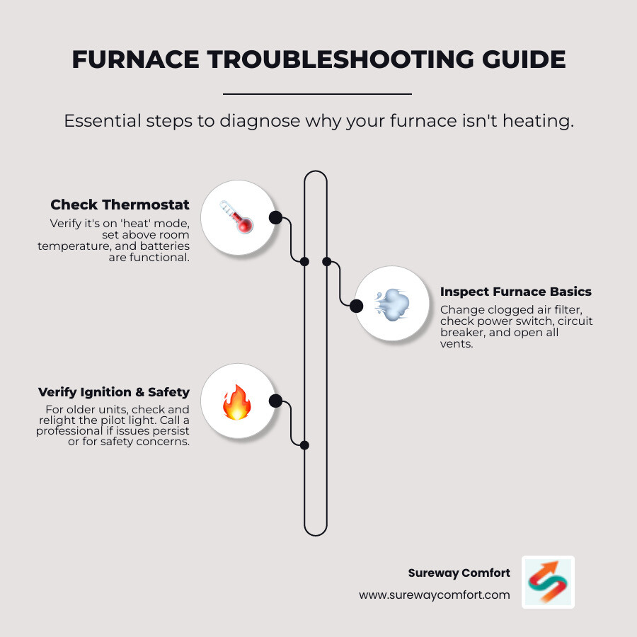 Comprehensive furnace troubleshooting flowchart showing decision points from thermostat check through professional service call, including safety warnings for gas leaks and carbon monoxide - furnace not heating infographic infographic-line-3-steps-neat_beige