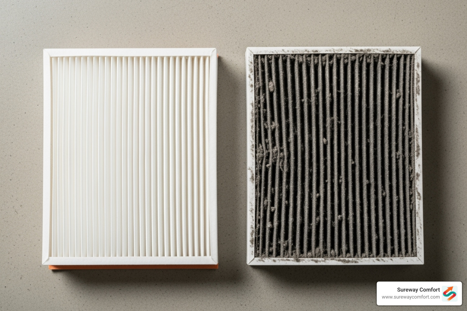 clean filter next to a dirty, clogged filter - furnace not heating