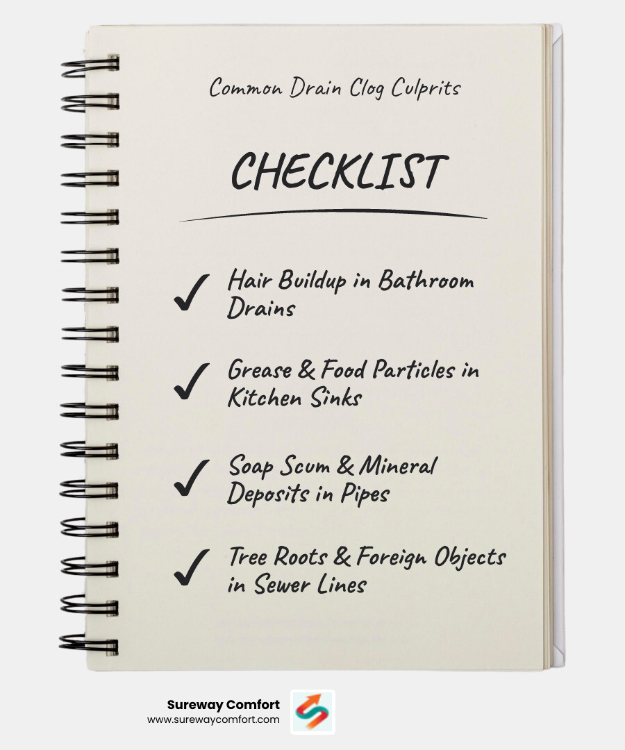 Infographic showing common drain clog causes including hair buildup in bathroom drains, grease and food particles in kitchen sinks, soap scum and mineral deposits in pipes, tree roots infiltrating sewer lines, and foreign objects flushed down toilets, with percentages of how often each occurs - reliable drain service infographic checklist-notebook