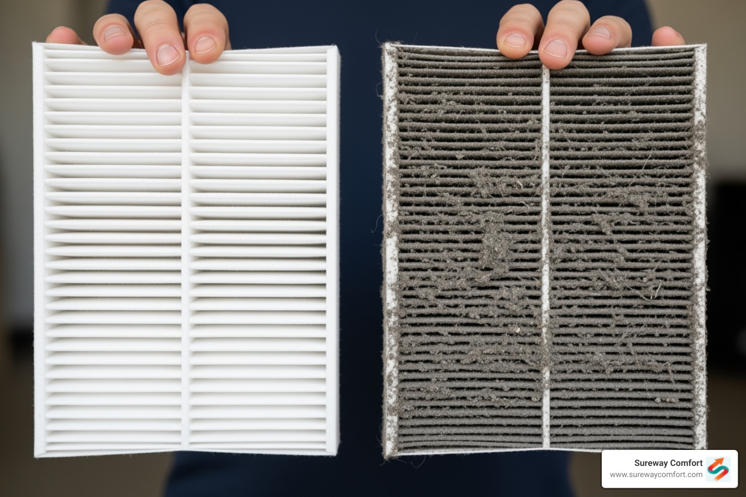 A person holding a clean and a dirty AC air filter side-by-side - AC not cooling A person holding a clean and a dirty AC air filter side-by-side - AC not cooling