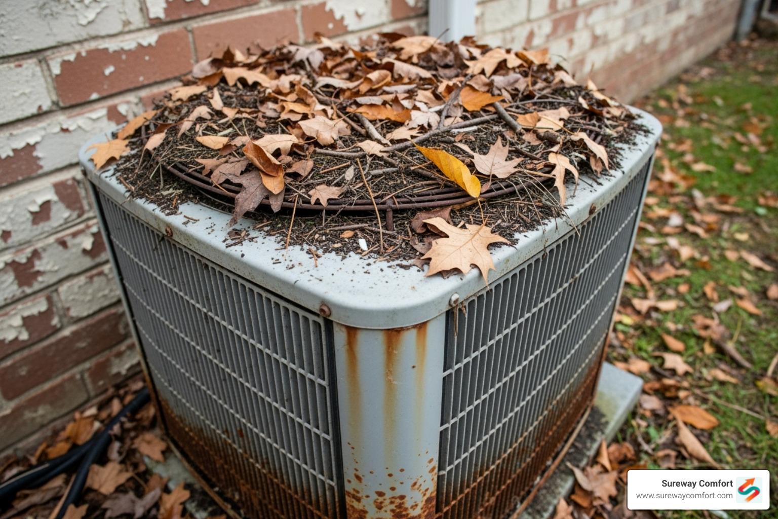 A dirty outdoor condenser unit covered in leaves and debris - AC not cooling A dirty outdoor condenser unit covered in leaves and debris - AC not cooling