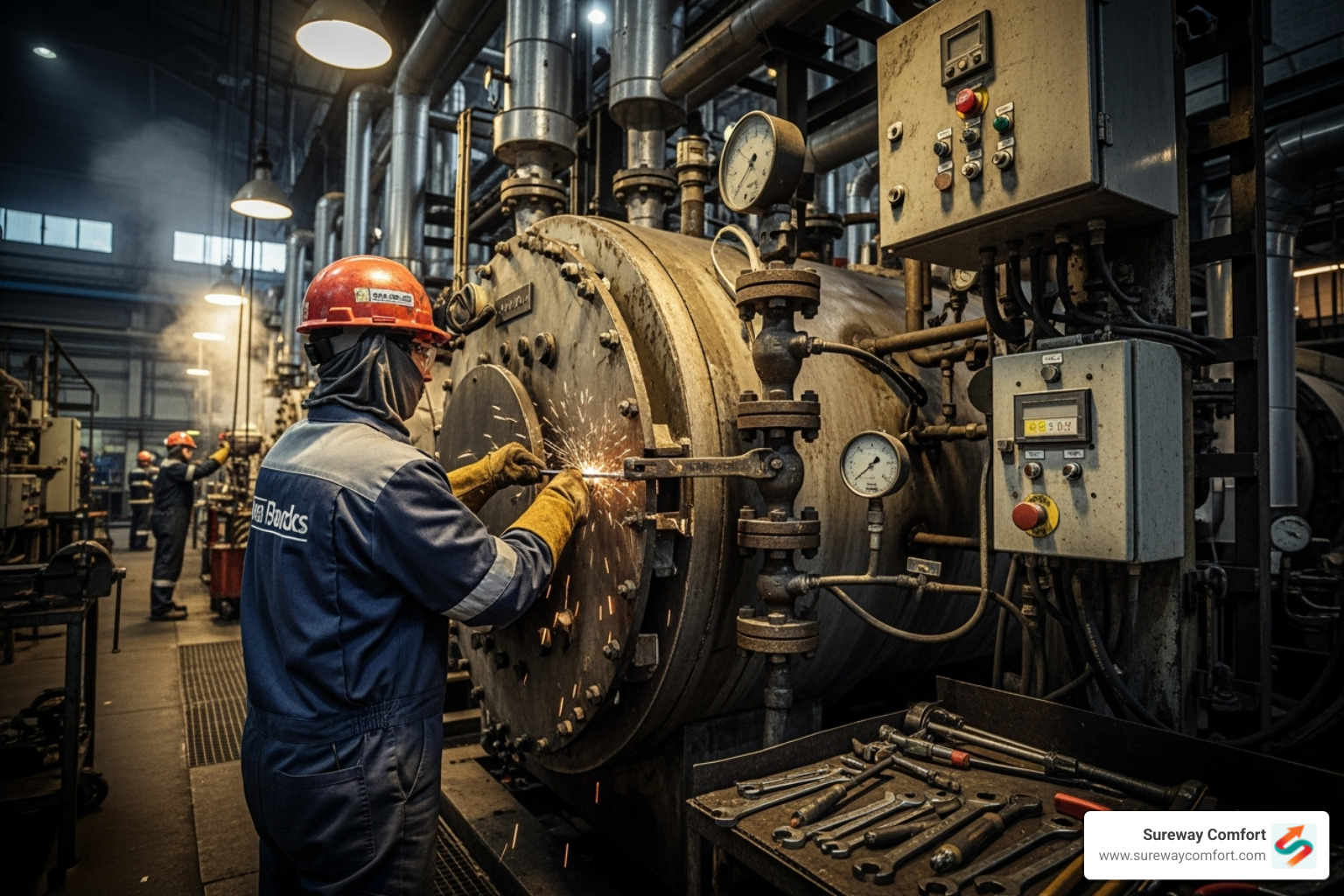 technician performing maintenance on a boiler - plumbing and heating technician performing maintenance on a boiler - plumbing and heating