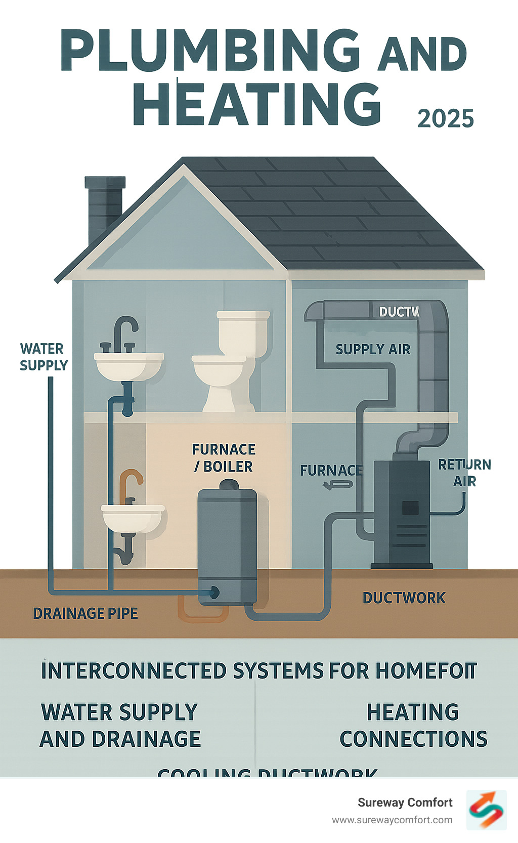 Comprehensive infographic showing how residential plumbing, heating, and cooling systems interconnect in a typical home, including water supply lines, drainage systems, furnace or boiler connections, ductwork, and how they work together to maintain home comfort and functionality - plumbing and heating infographic Comprehensive infographic showing how residential plumbing, heating, and cooling systems interconnect in a typical home, including water supply lines, drainage systems, furnace or boiler connections, ductwork, and how they work together to maintain home comfort and functionality - plumbing and heating infographic
