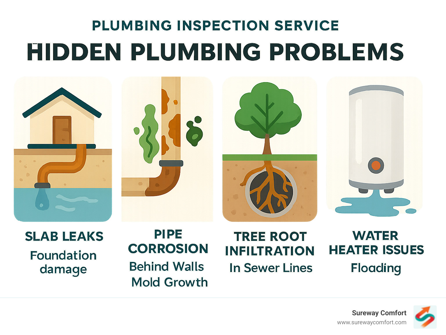 Infographic showing common hidden plumbing problems including slab leaks causing foundation damage, pipe corrosion behind walls leading to mold growth, tree root infiltration in sewer lines, and water heater issues that can cause flooding - Plumbing inspection service infographic 