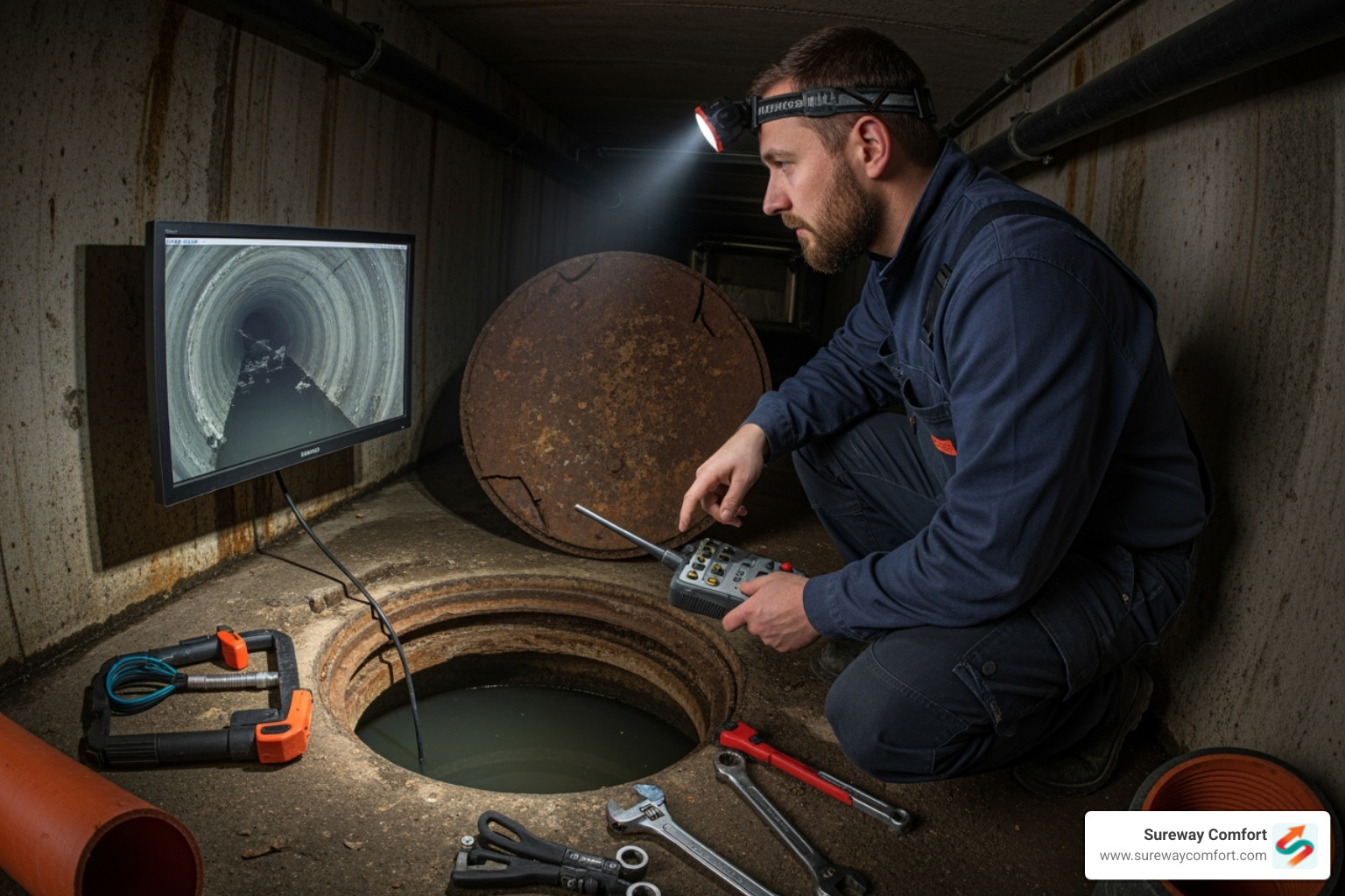 Plumber using a video camera for a sewer line inspection - Plumbing inspection service