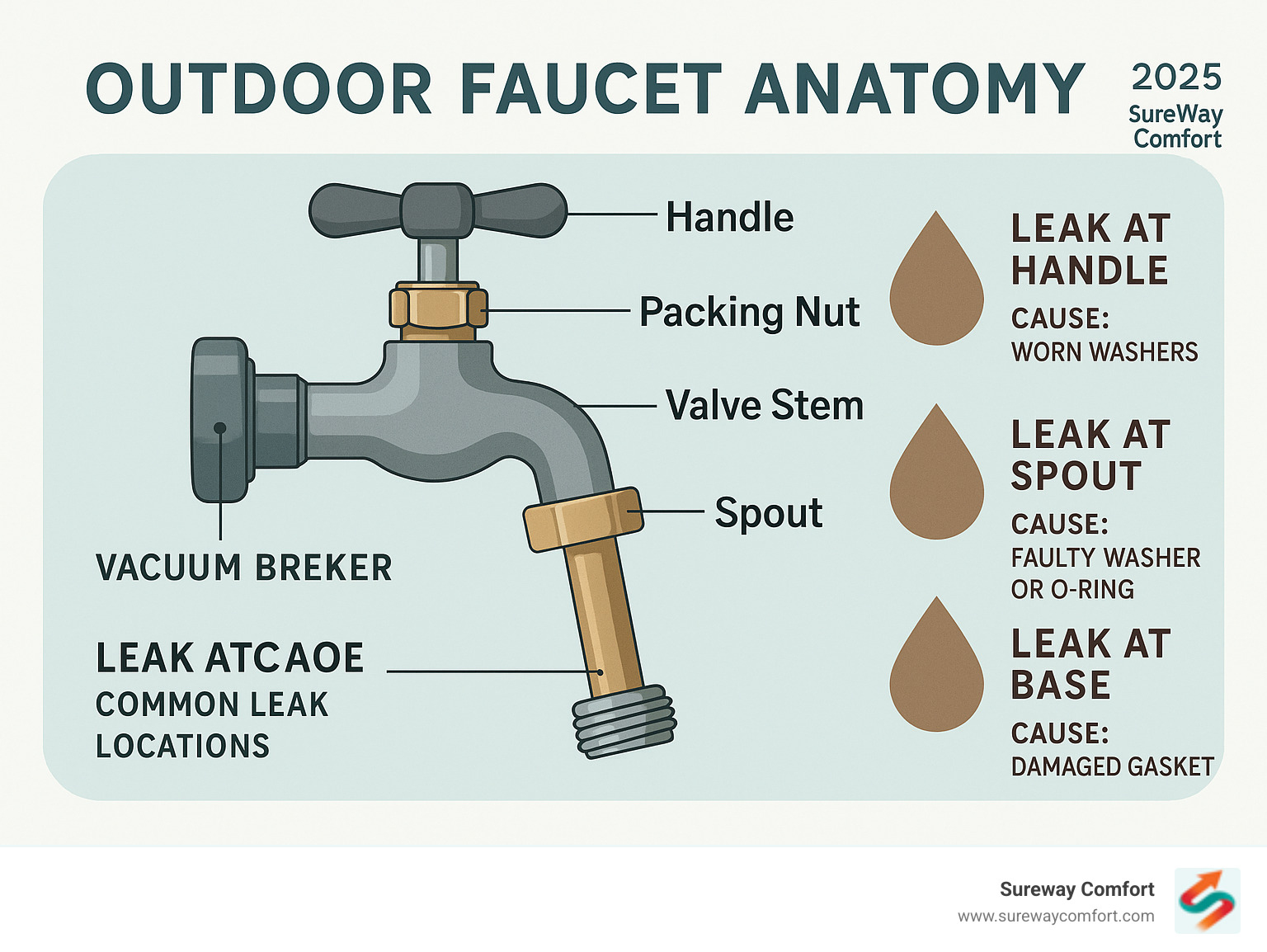 Infographic showing outdoor faucet anatomy with labeled parts including handle, packing nut, valve stem, spout, and vacuum breaker, plus common leak locations and their typical causes - outdoor faucet repair infographic 