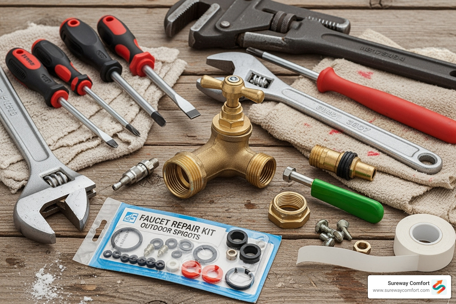 Tools and materials laid out for outdoor faucet repair, including wrenches, screwdrivers, a faucet repair kit, plumber's tape, and rags - outdoor faucet repair