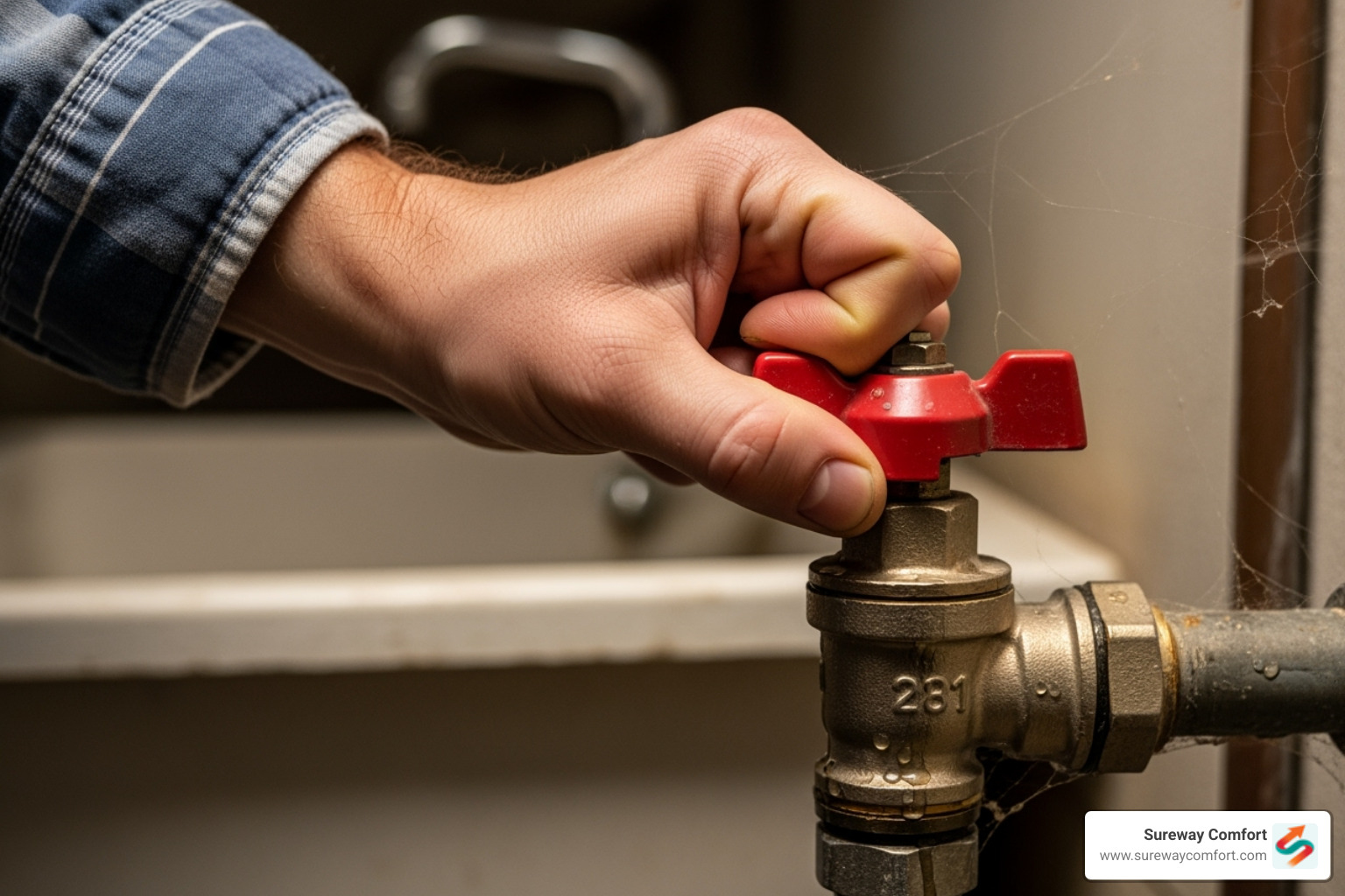 A hand turning an indoor water shut-off valve - outdoor faucet repair