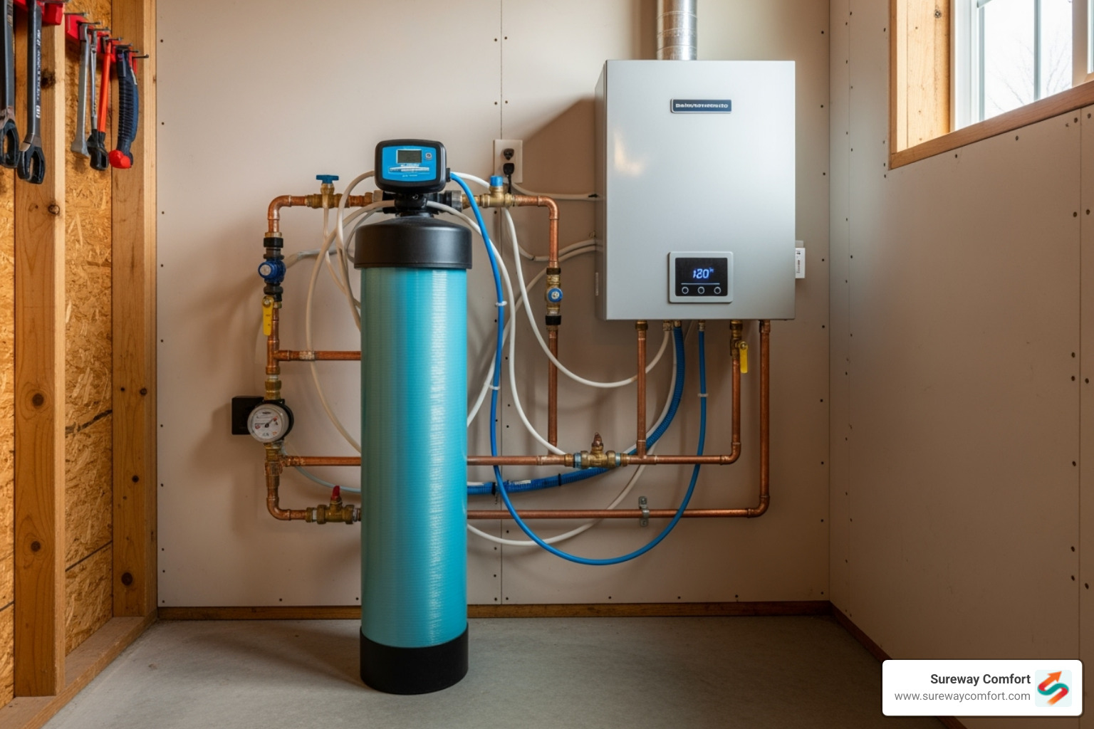 water softener system installed near a tankless heater - tankless hot water installation