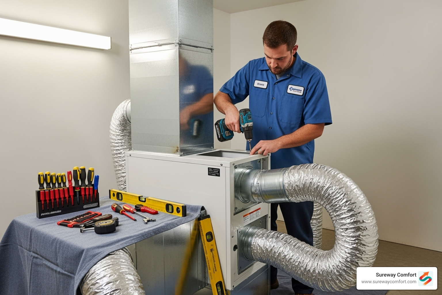 A certified technician carefully installing a new indoor air handler, connecting ductwork in a clean, organized manner - ac installation mcdonald
