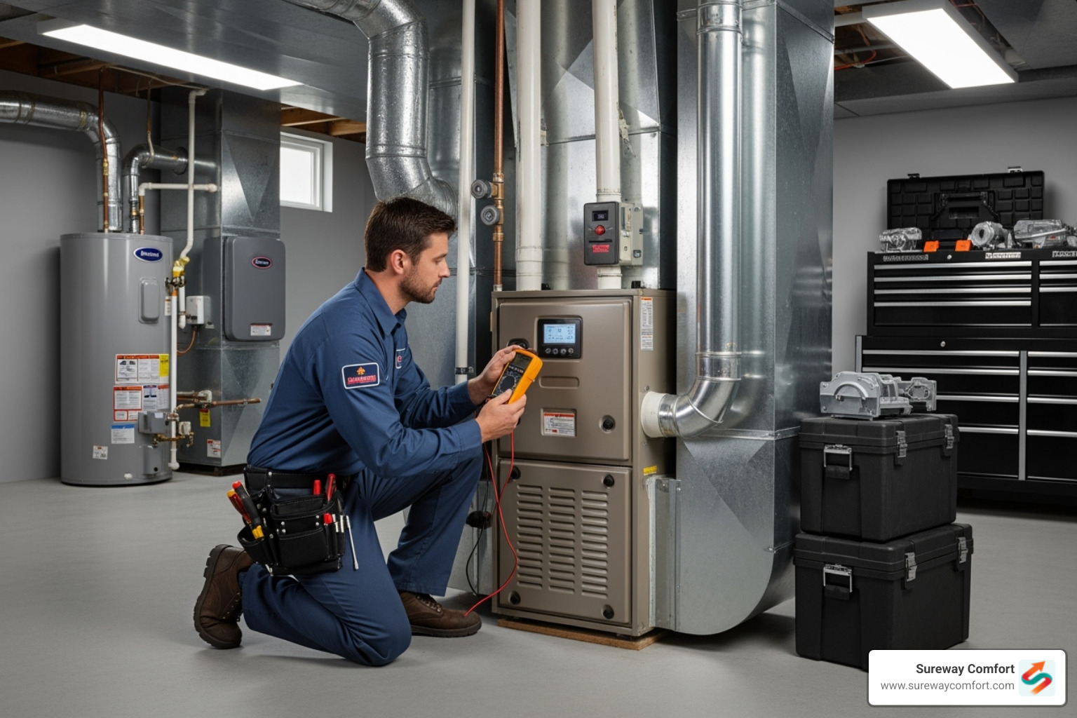 A technician inspecting a furnace in a clean basement, highlighting comprehensive HVAC services - ac installation mcdonald
