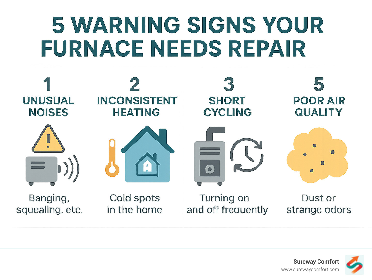 Infographic showing the top 5 warning signs that indicate a furnace needs professional repair: unusual noises like banging or squealing, inconsistent heating with cold spots in the home, short cycling where the furnace turns on and off frequently, increased energy bills without explanation, and poor air quality with dust or strange odors - furnace repair canonsburg pa infographic 