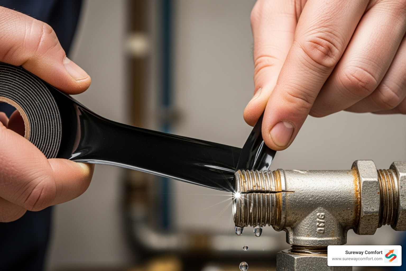 Silicone tape being stretched and wrapped around a leaking pipe joint - leaky pipe repair
