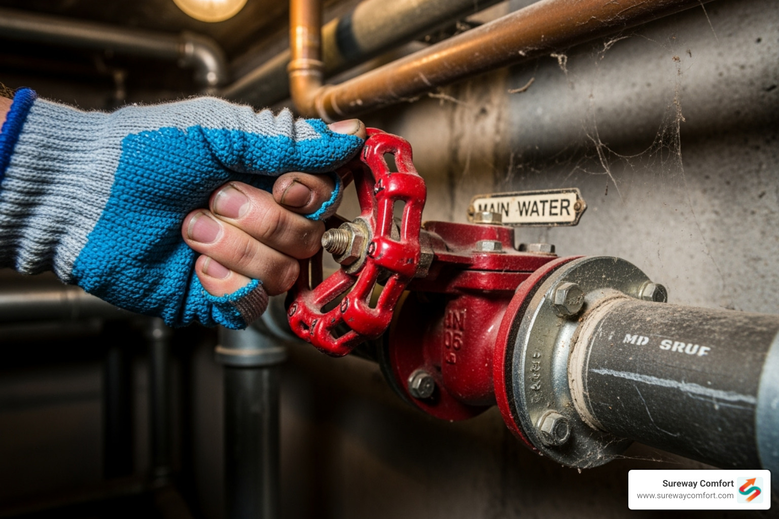 A hand turning a main water shut-off valve - leaky pipe repair