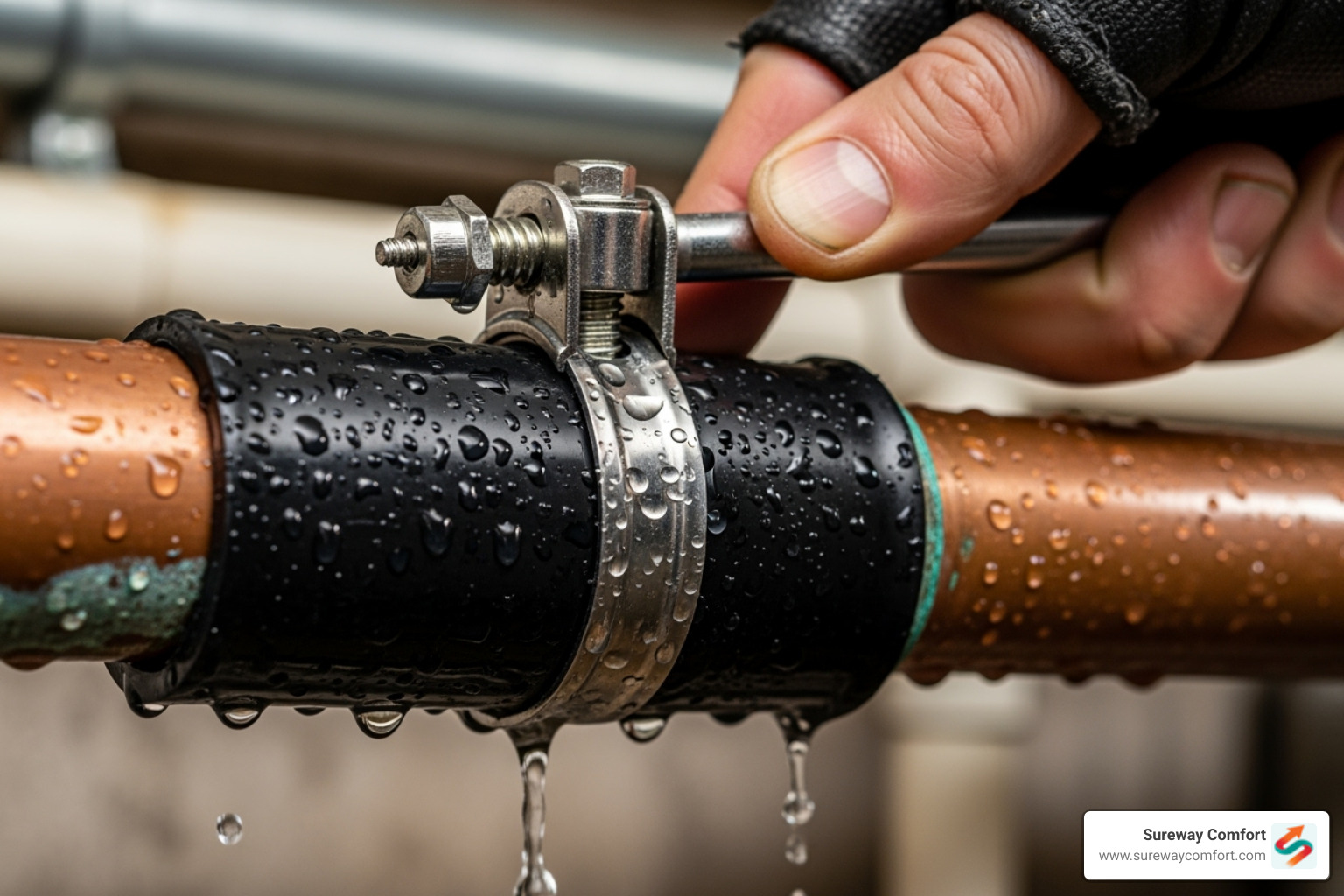 A pipe clamp being tightened over a rubber sleeve on a copper pipe - leaky pipe repair