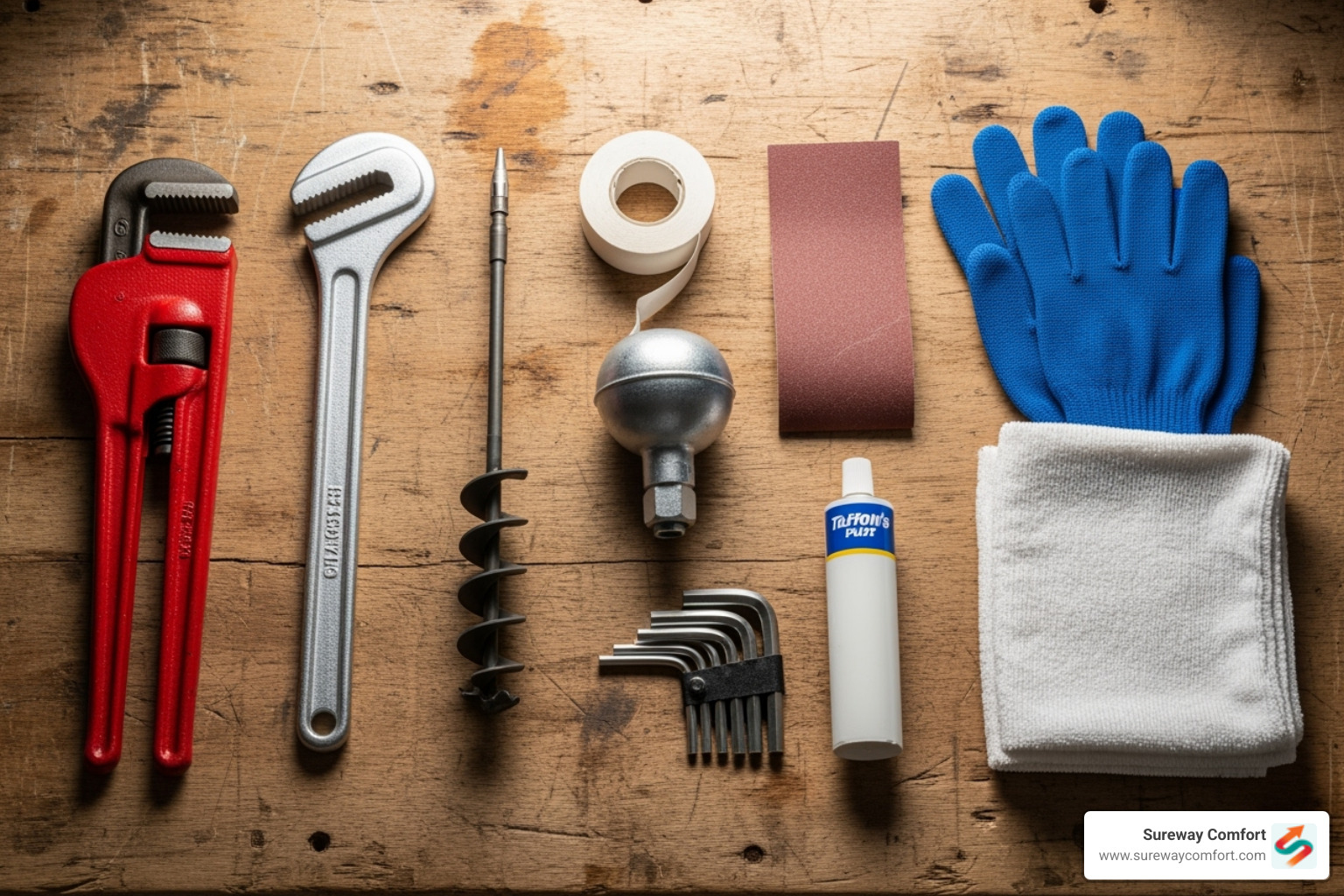 A basic plumbing toolkit with gloves, sandpaper, and cleaning rags - leaky pipe repair