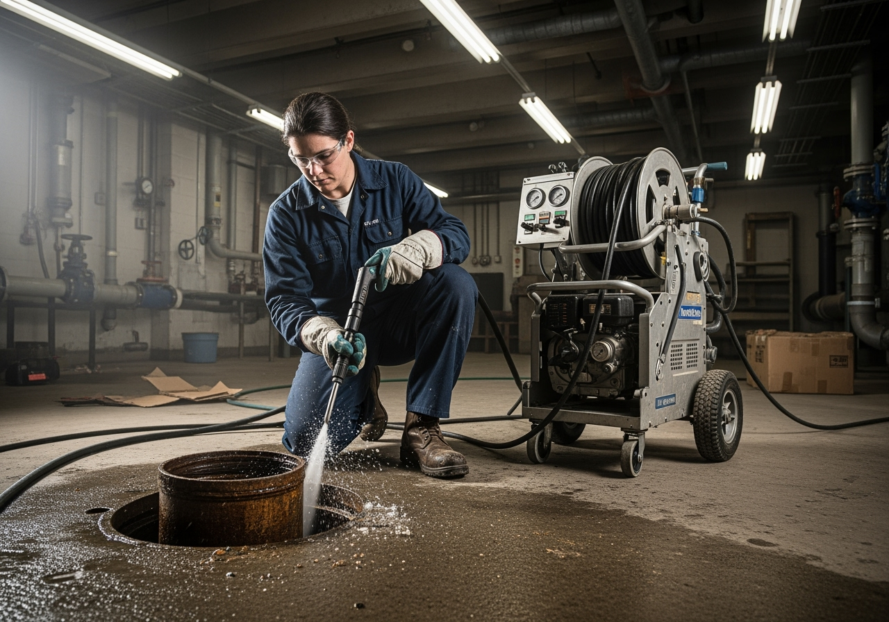 plumber using a hydro-jetting tool - restaurant plumbing repair plumber using a hydro-jetting tool - restaurant plumbing repair