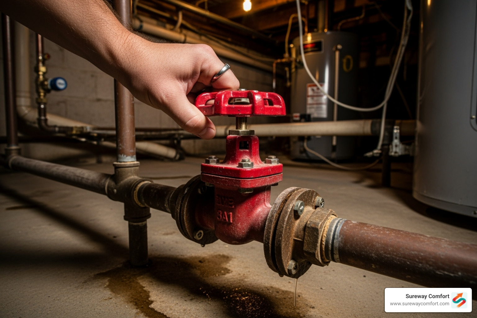 person shutting off main water valve - Emergency pipe burst