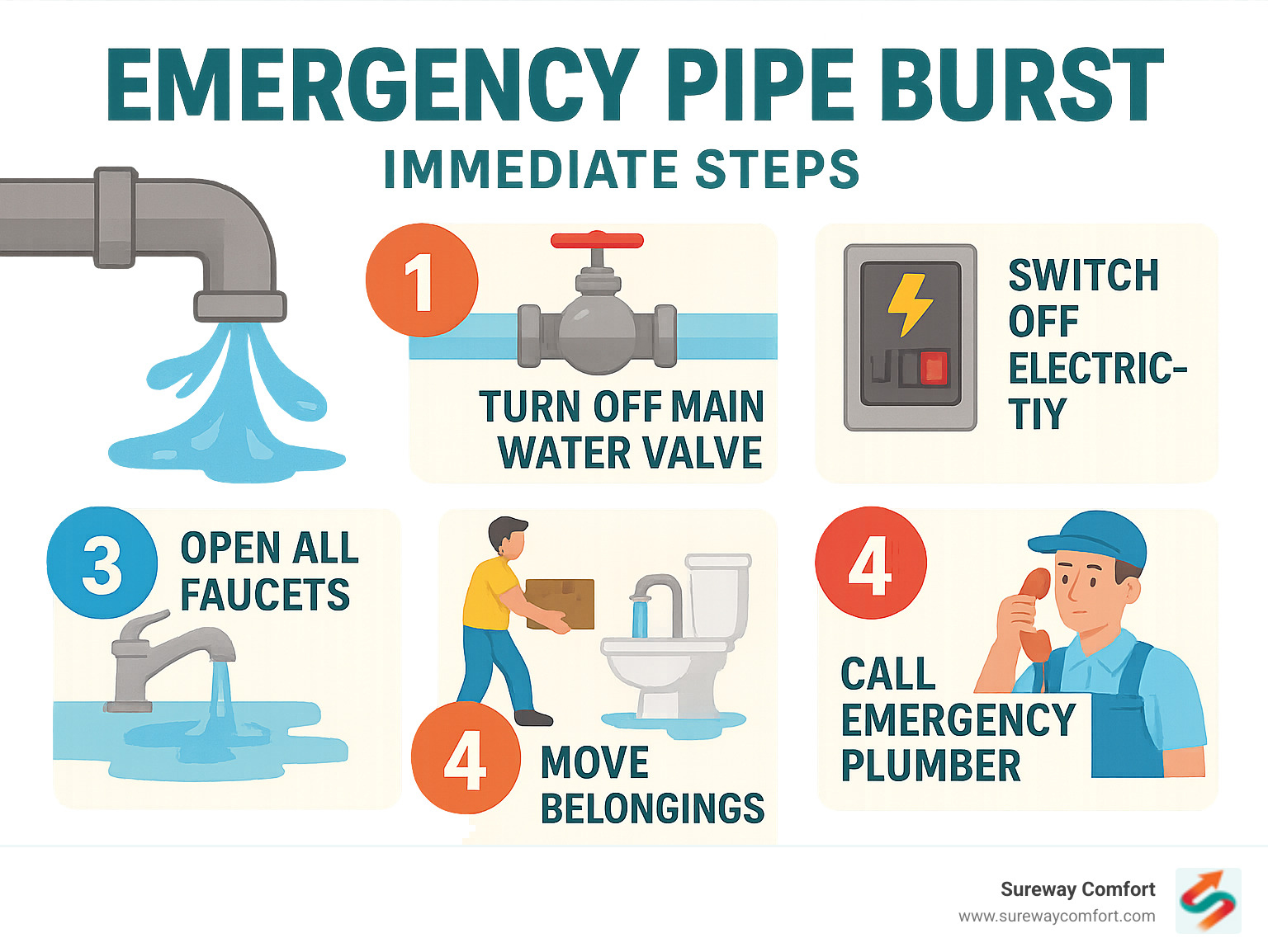 Infographic showing 5 immediate emergency steps: 1) Turn off main water valve at meter or basement, 2) Switch off electrical power to flooded areas at circuit breaker, 3) Open all faucets and flush toilets to drain remaining water, 4) Remove furniture and belongings from water damage area, 5) Contact emergency plumber for professional repair - Emergency pipe burst infographic 