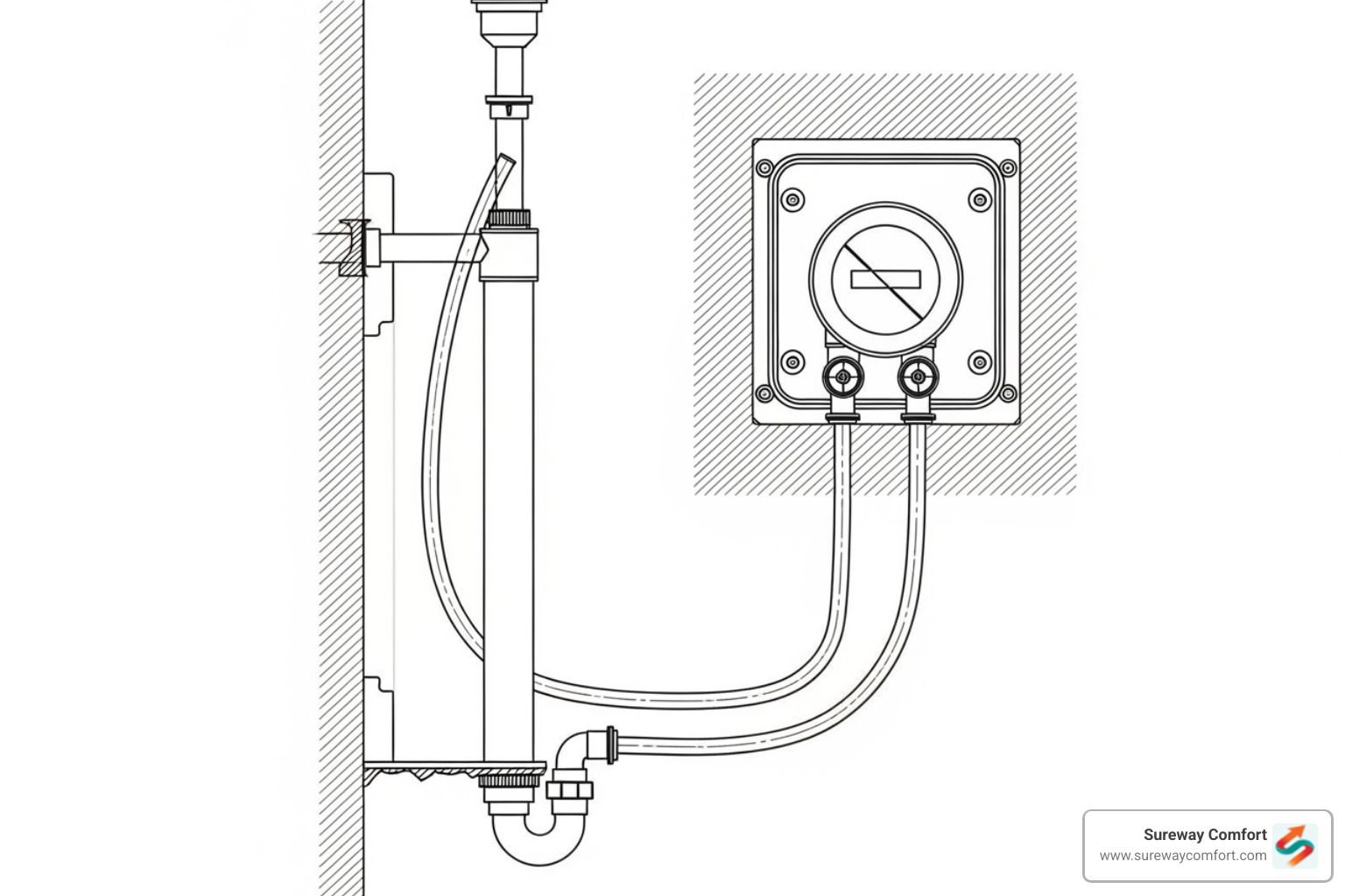 Diagram showing a washing machine standpipe, P-trap, and washer box connection with labels - laundry room plumbing