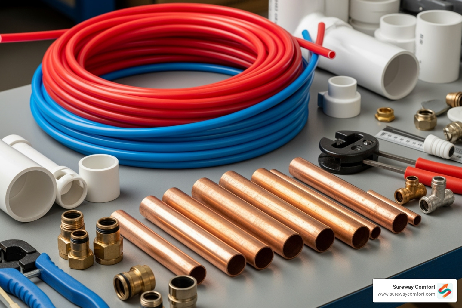 Variety of plumbing materials including PEX, copper, and PVC pipes arranged for demonstration - laundry room plumbing