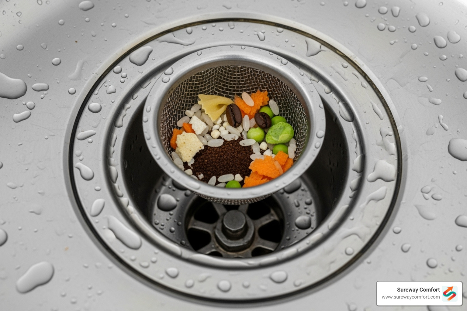 A kitchen sink drain with a strainer catching food particles - clogged sewer line