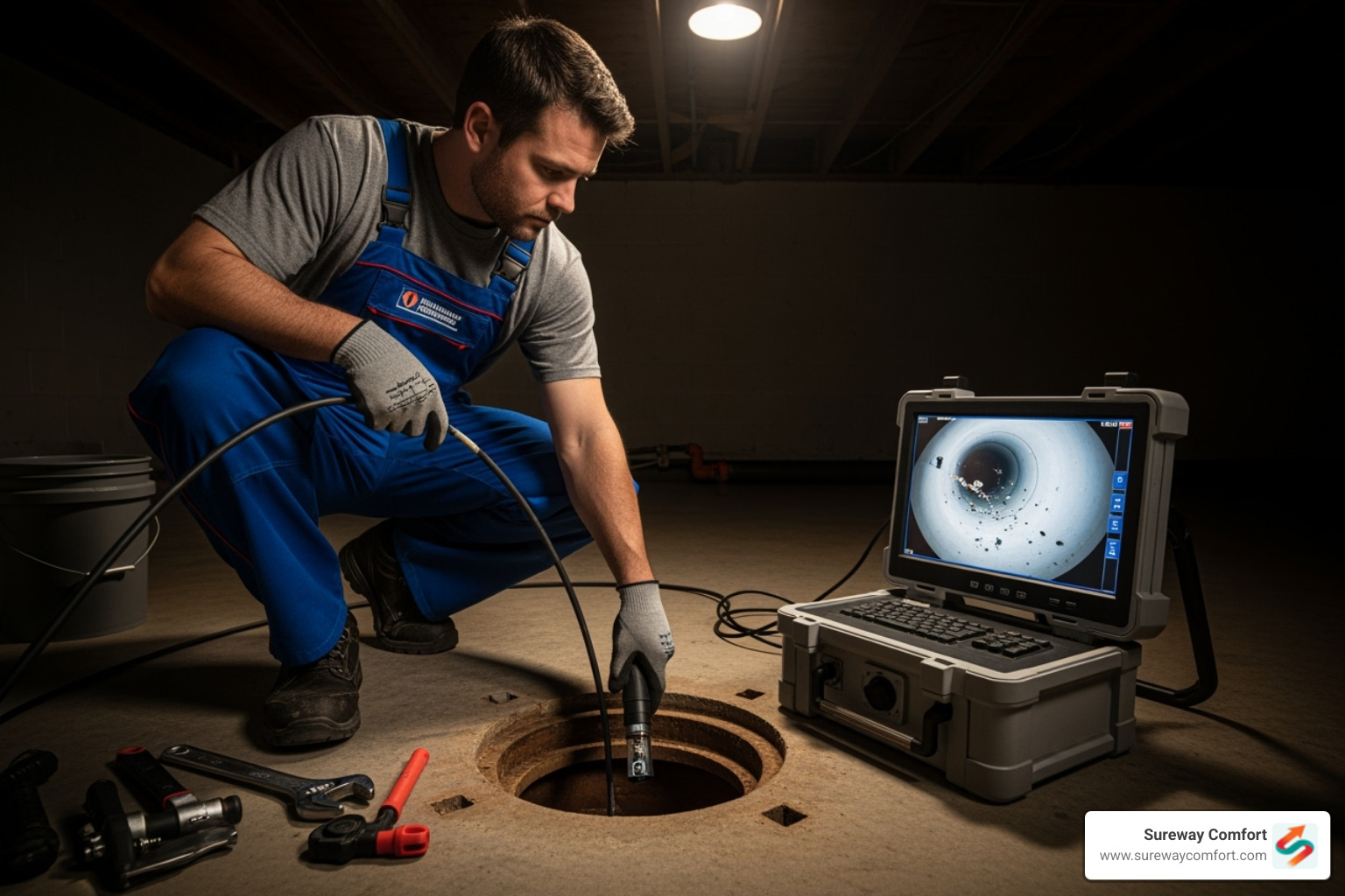 Plumber using a video camera inspection tool to examine the inside of a sewer pipe - clogged sewer line