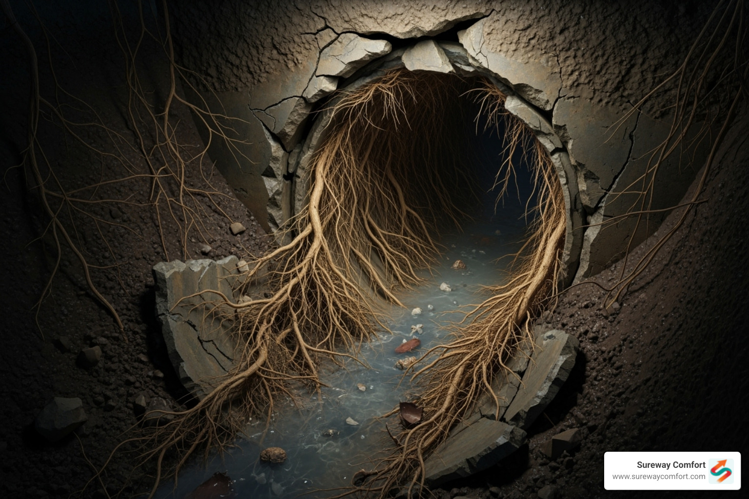Tree roots growing into a damaged sewer pipe, causing a blockage - clogged sewer line