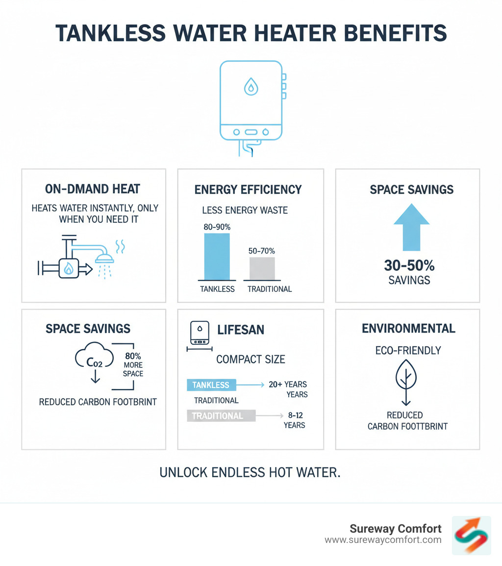 Comprehensive infographic showing tankless water heater on-demand heating process, comparing energy efficiency percentages between tankless and traditional systems, space requirements, lifespan comparison, and environmental benefits with CO2 emission reductions - tankless water heater benefits infographic Comprehensive infographic showing tankless water heater on-demand heating process, comparing energy efficiency percentages between tankless and traditional systems, space requirements, lifespan comparison, and environmental benefits with CO2 emission reductions - tankless water heater benefits infographic