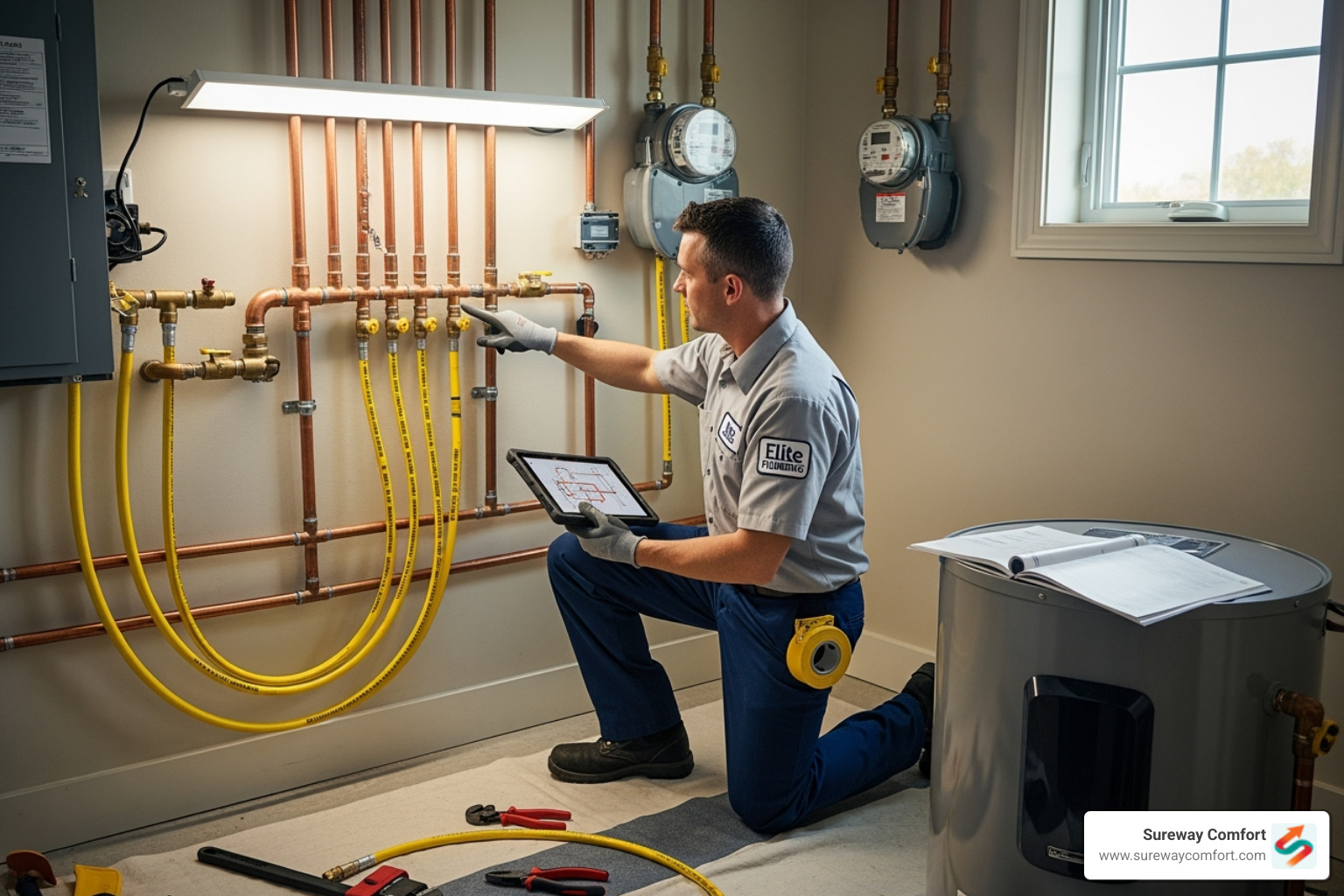 Technician assessing plumbing and gas lines for tankless installation - tankless water heater benefits Technician assessing plumbing and gas lines for tankless installation - tankless water heater benefits