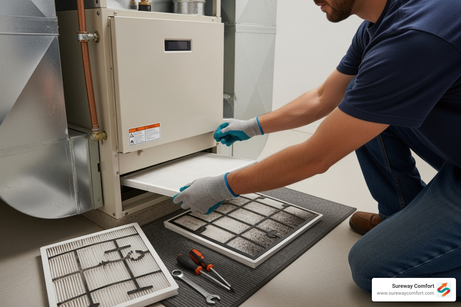 homeowner changing furnace filter - preventative hvac maintenance
