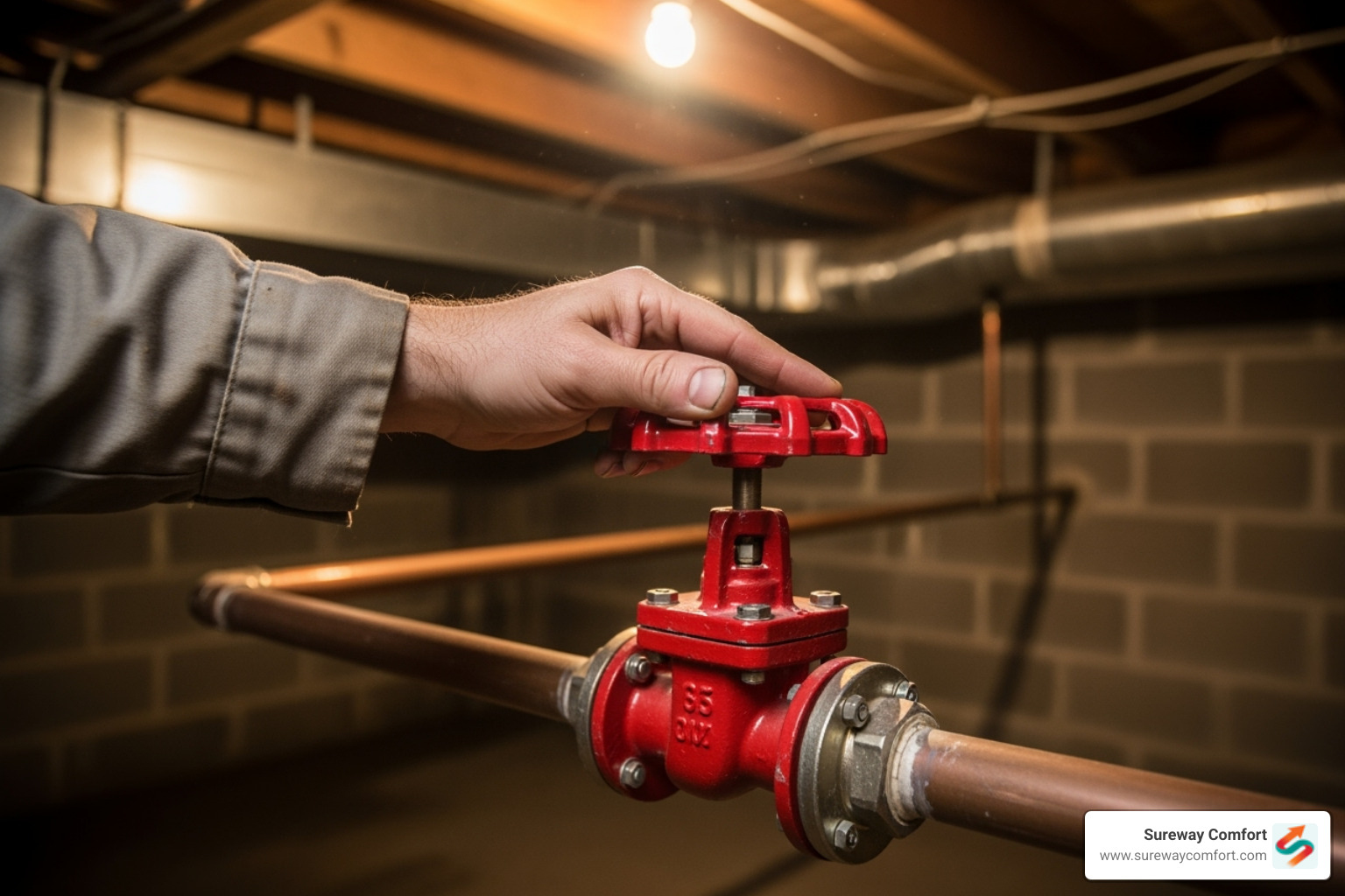 A hand turning a red main water shut-off valve in a basement - burst pipe repair