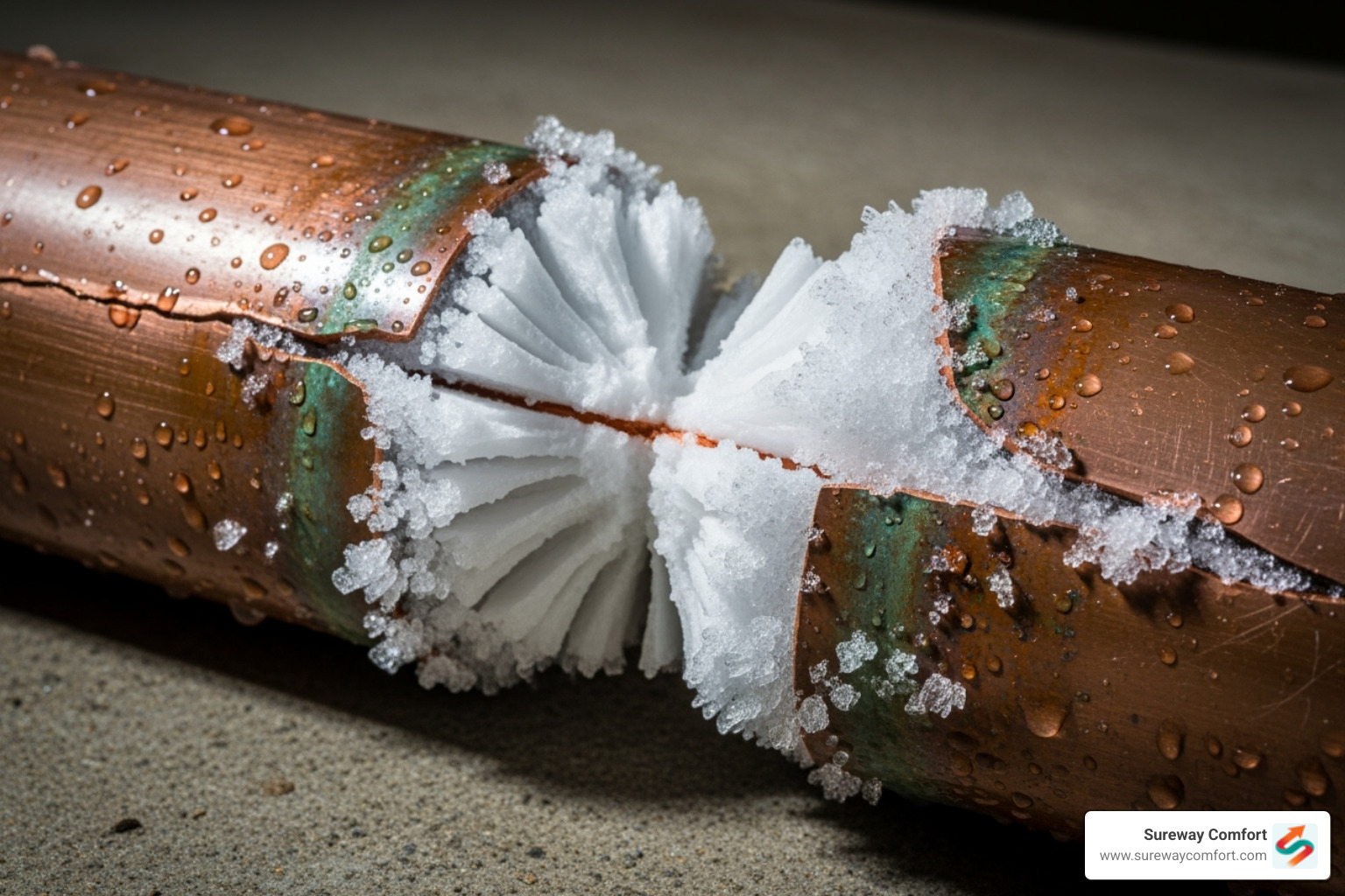 A frozen, split copper pipe with ice protruding - burst pipe repair