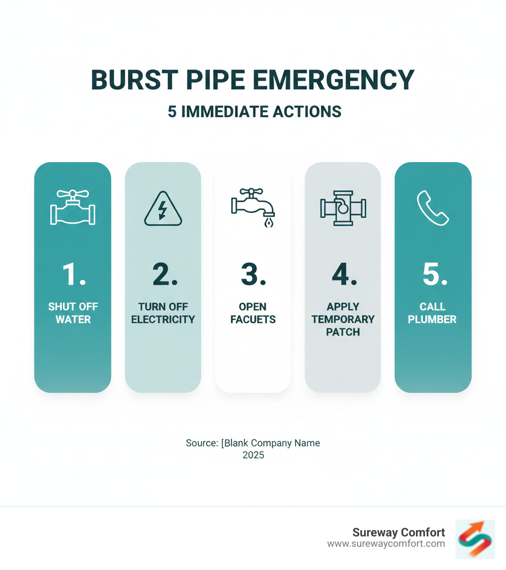 Step-by-step infographic showing 5 immediate actions for burst pipe emergencies: 1. Shut off main water valve, 2. Turn off electricity if water near outlets, 3. Open all faucets to drain pipes, 4. Apply temporary patch with clamp, 5. Call professional plumber - burst pipe repair infographic 
