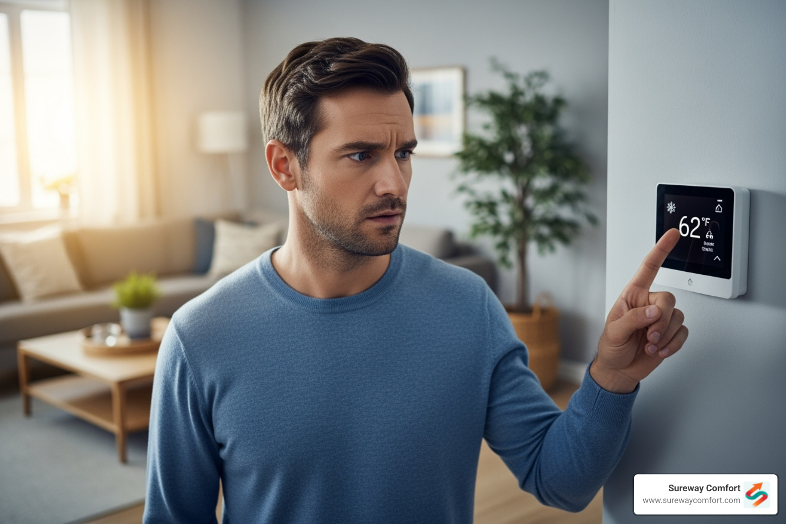 a person looking at their thermostat with a concerned expression - AC repair canonsburg