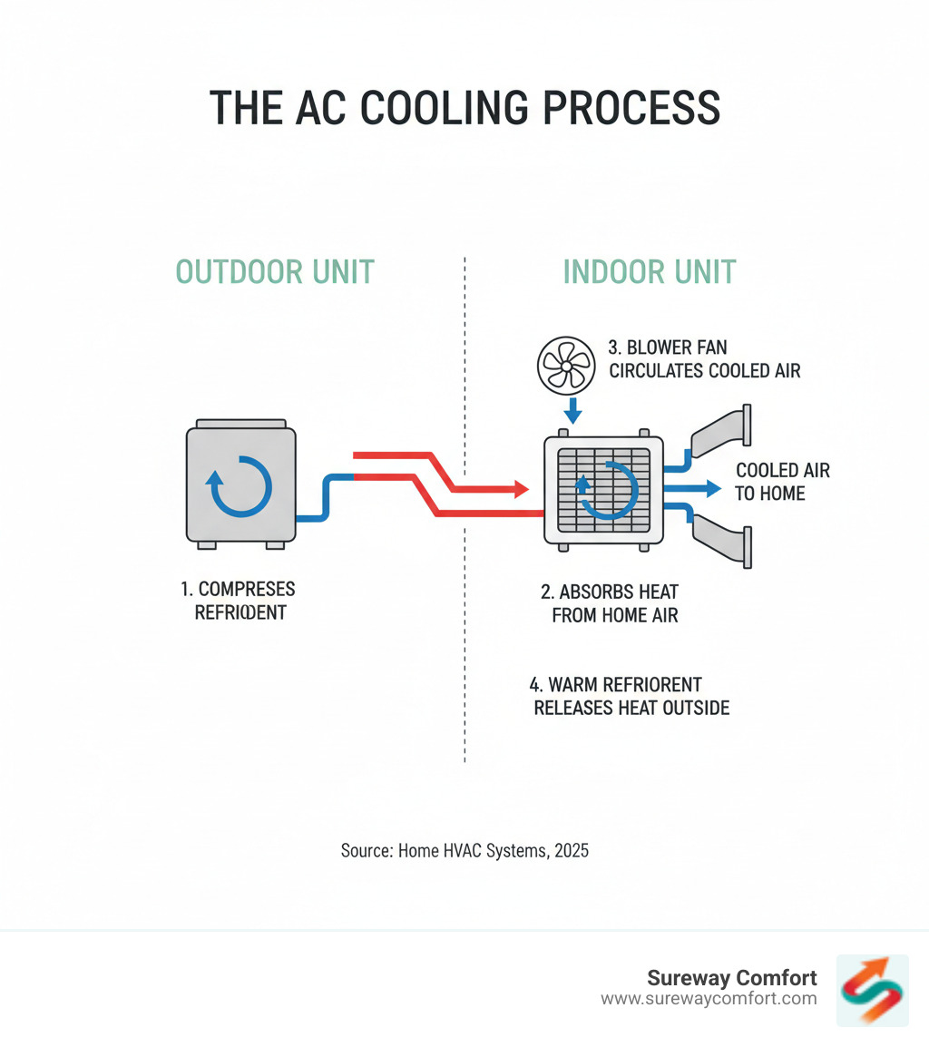 Infographic showing the air conditioning cooling process: outdoor unit compressor compresses refrigerant, indoor evaporator coil absorbs heat from home air, blower fan circulates cooled air through ducts, and warm refrigerant returns to outdoor unit to release heat - AC repair canonsburg infographic 