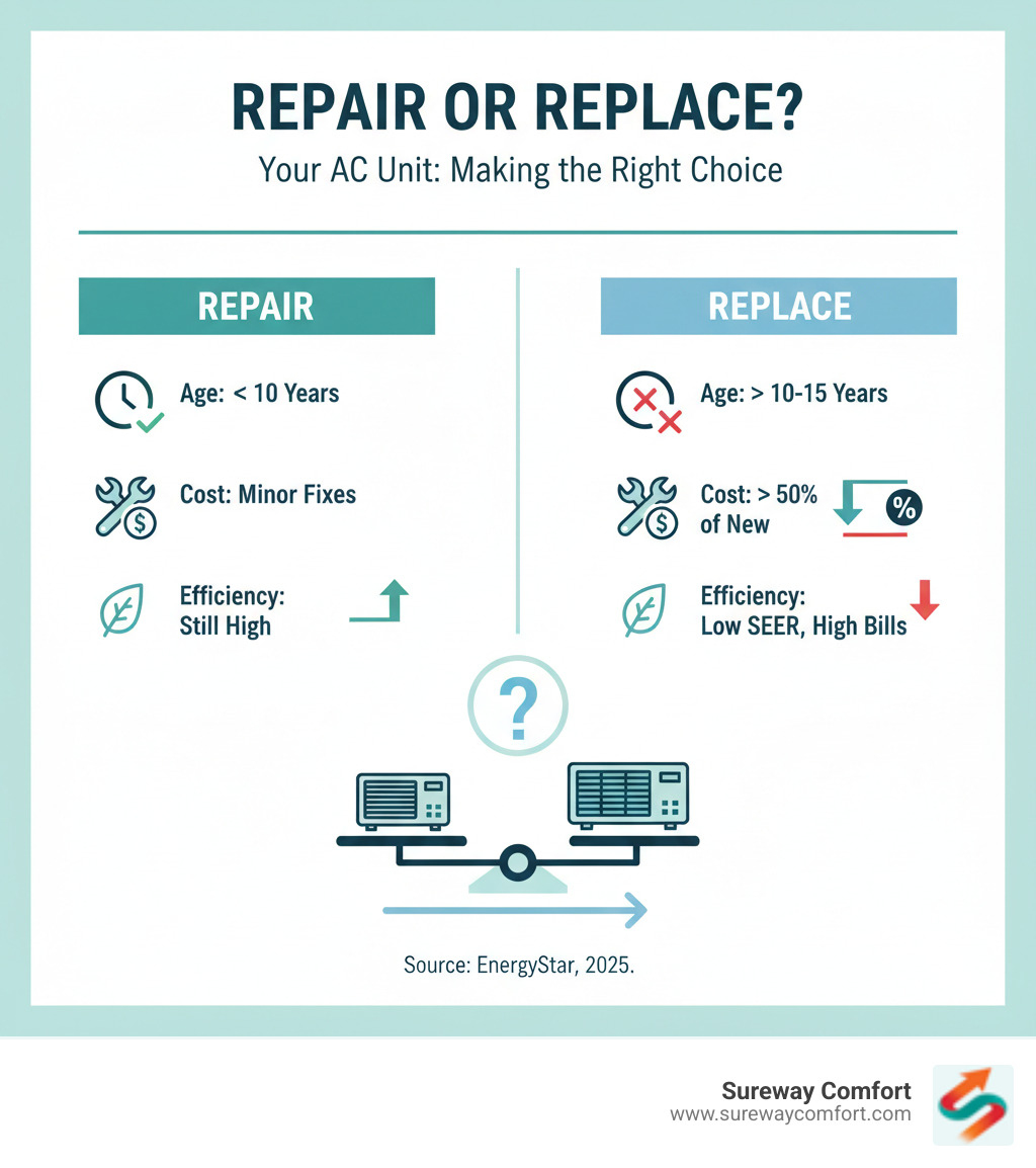 a table comparing factors for repairing vs. replacing an AC unit - AC repair canonsburg infographic 