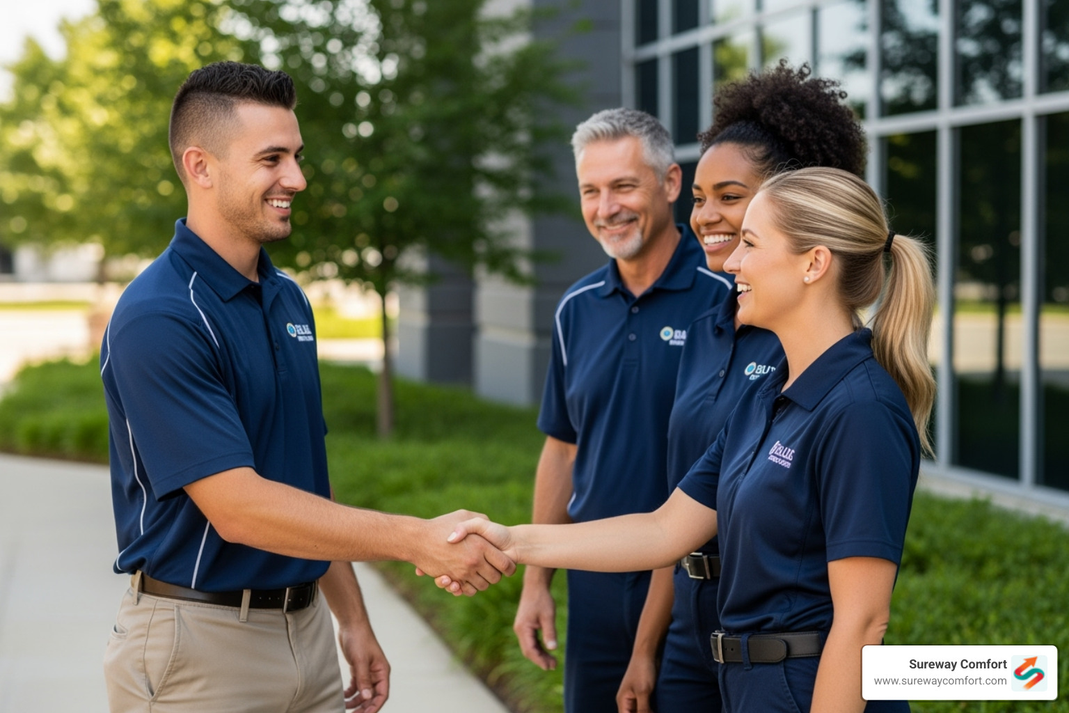 a group of HVAC technicians smiling and shaking hands - AC repair canonsburg