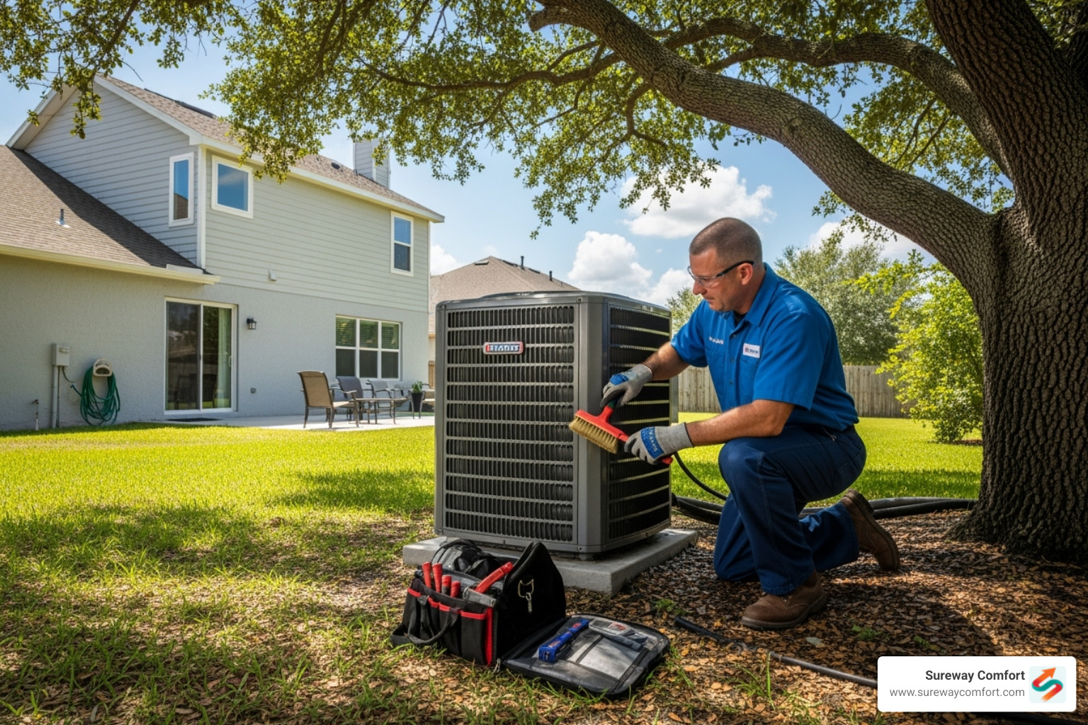 a technician performing maintenance on an outdoor AC unit - AC repair canonsburg