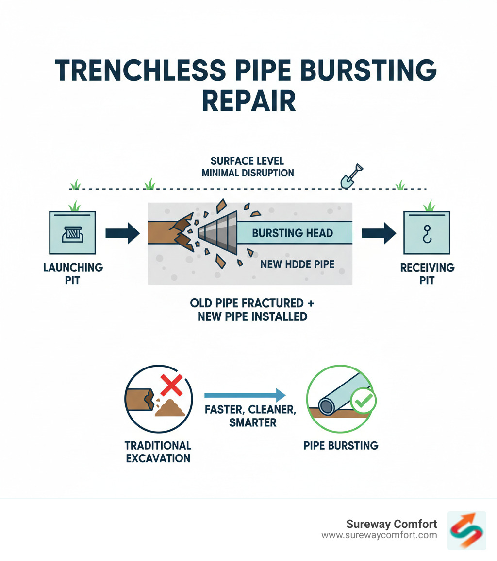 Pipe bursting repair process infographic showing old pipe being broken apart by expansion head while new HDPE pipe is simultaneously pulled through, with launching pit on one side and receiving pit on other side, minimal surface disruption compared to traditional excavation - Pipe bursting repair infographic 