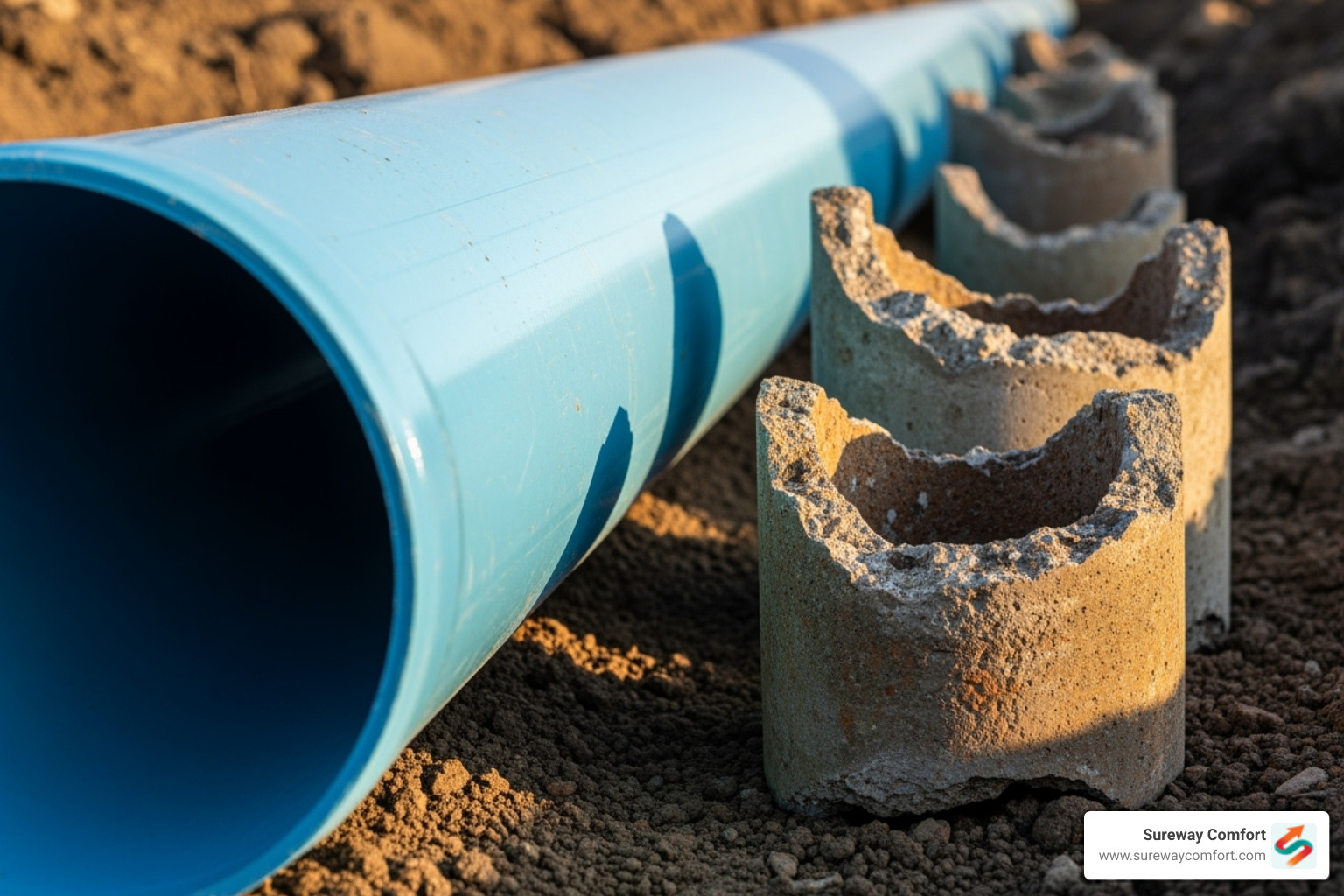 New, larger pipe next to fragments of an old, smaller pipe, illustrating the upsizing capability of pipe bursting - Pipe bursting repair