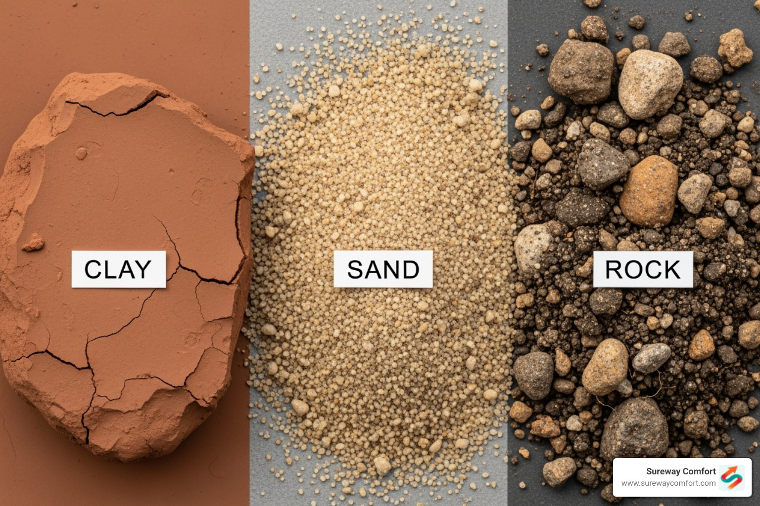 Various soil types including clay, sand, and rock, indicating different ground conditions - Pipe bursting repair