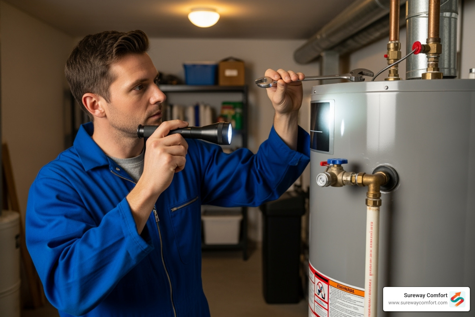 technician inspecting a water heater - plumbing system check technician inspecting a water heater - plumbing system check